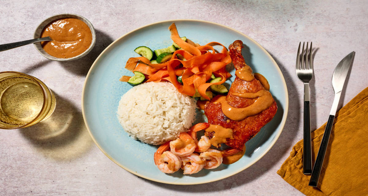Satay Duck Rice Bowl with Prawns with smashed cucumber and carrot pickle