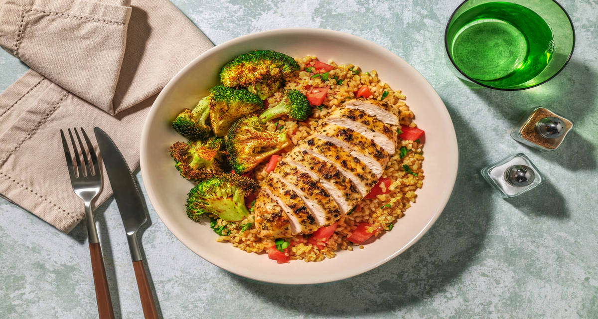 Middle-Eastern Style Chicken Breast and Tabblouleh with crispy roast broccoli