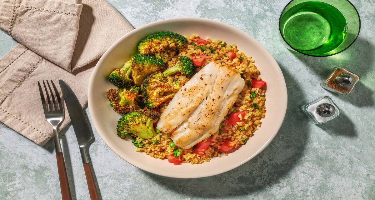 Middle-Eastern Style Basa and Tabblouleh with crispy roast broccoli