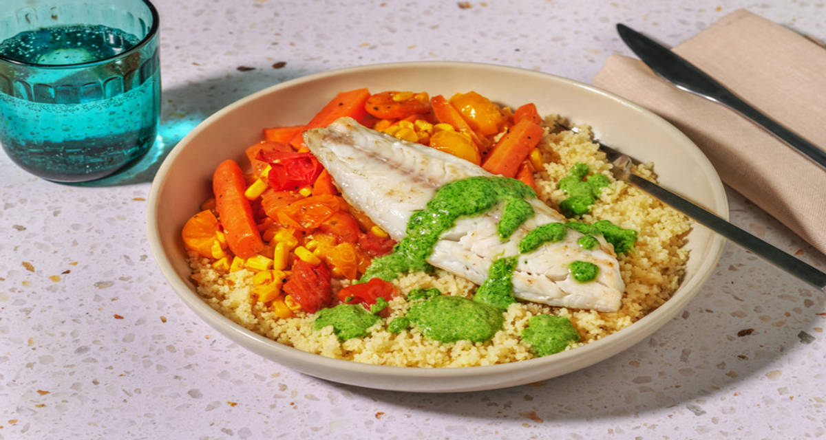 Basa and Homemade Spinach Sauce with couscous with cherry tomatoes