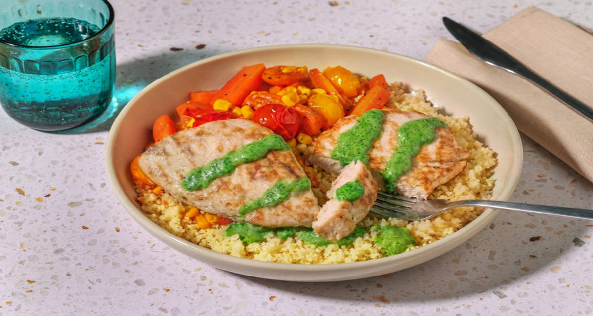 Chicken Breast and Homemade Spinach Sauce with couscous with cherry tomatoes