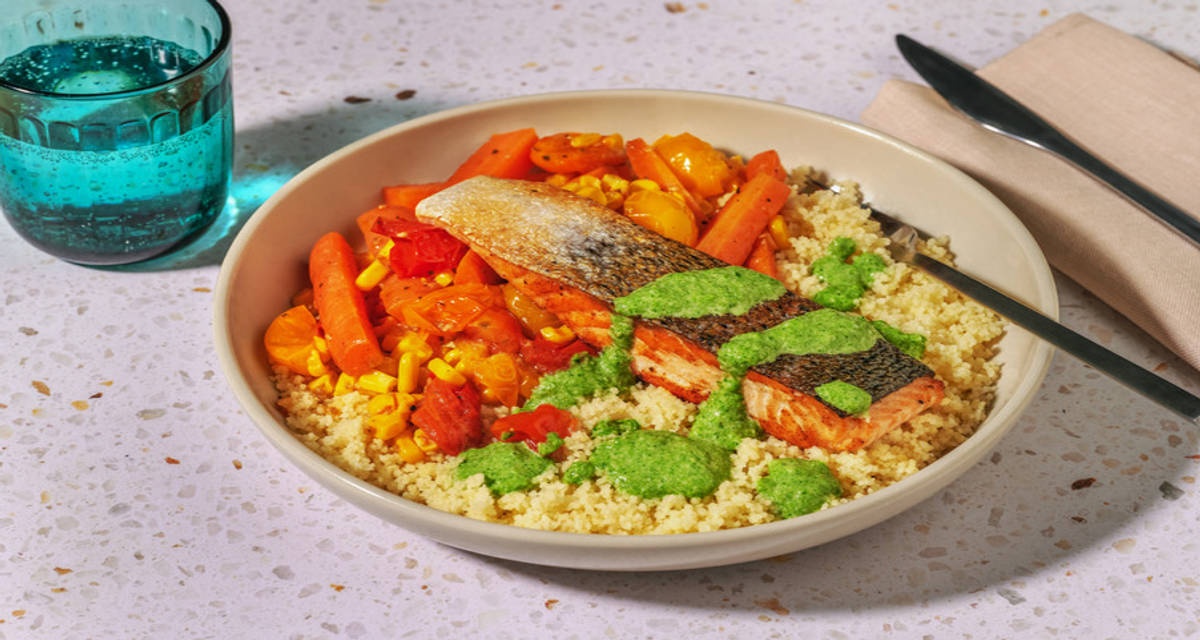 Gammon and Homemade Spinach Sauce with couscous with cherry tomatoes