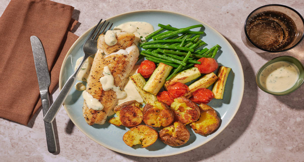 Basa in Tarragon Sauce with green beans, roasted cherry tomato and courgette