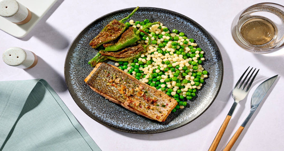 Lemony Brown Butter Salmon and Padron Peppers and pearled couscous