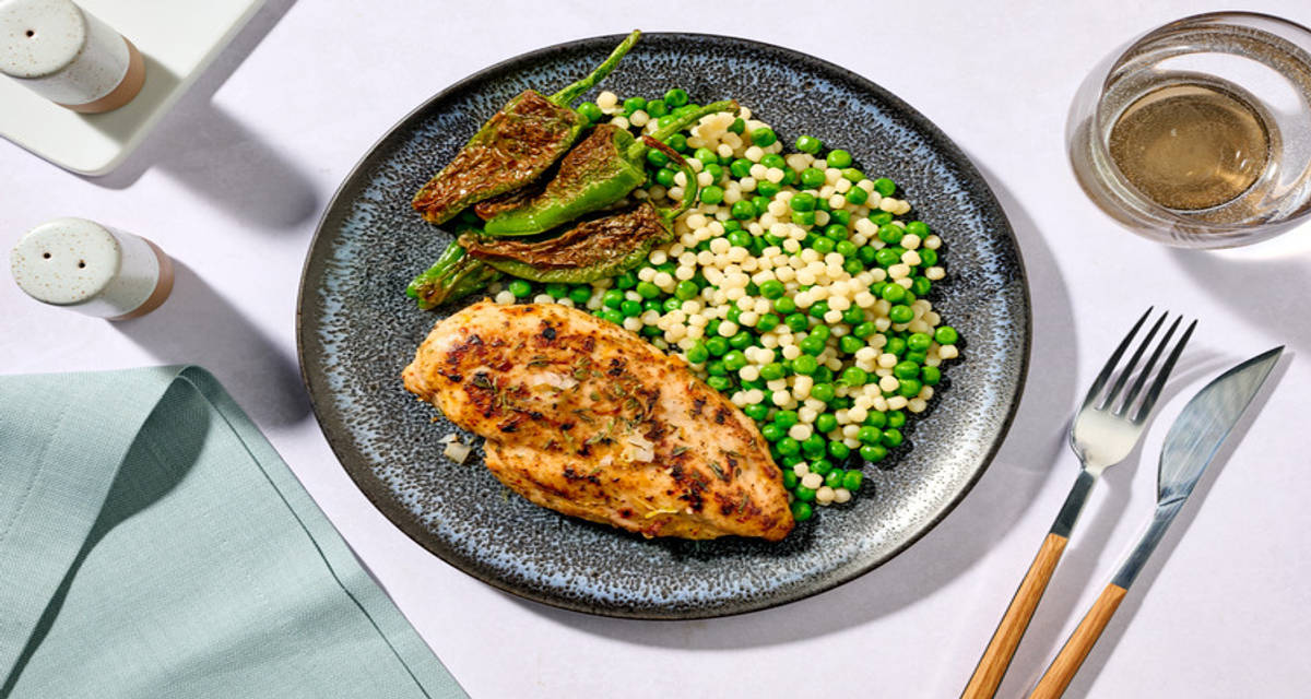 Lemony Brown Butter Turkey Breast and Padron Peppers and pearled couscous