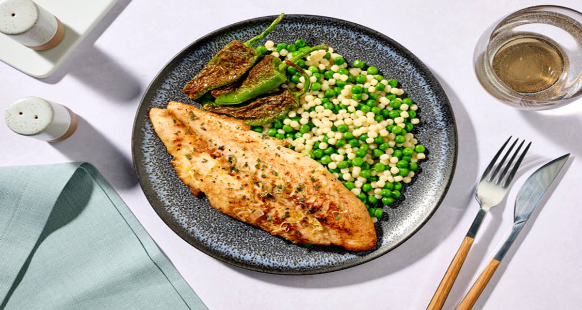 Lemony Brown Butter Basa and Charred Padron Peppers and pearled couscous
