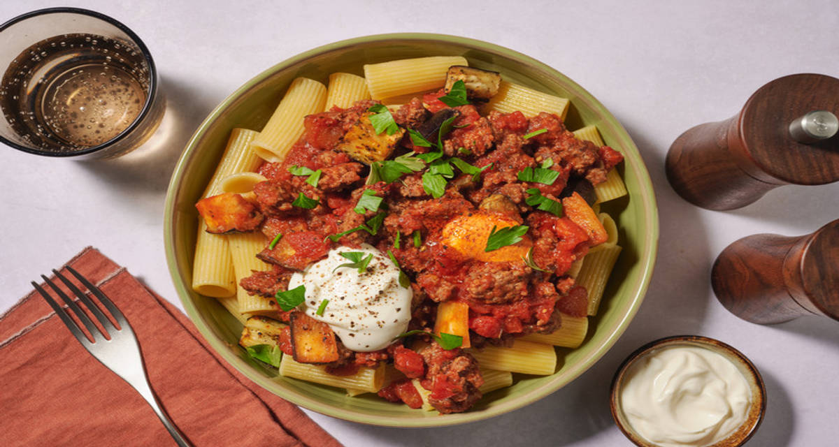 Aromatic Harissa Beef Rigatoni with aubergine and paprika butter