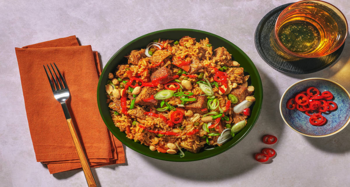 Clonakilty Whitepudding and Gochujang Fried Rice with peas and carrots