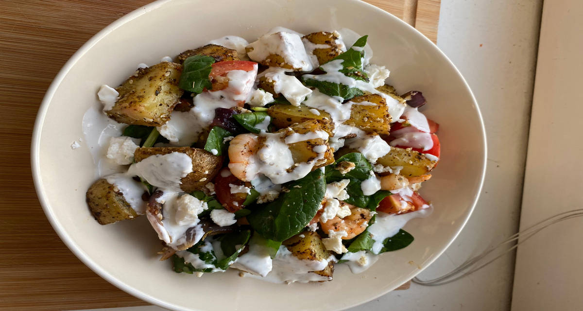 Mediterranean shrimp traybake with greek cheese and garlic yoghurt