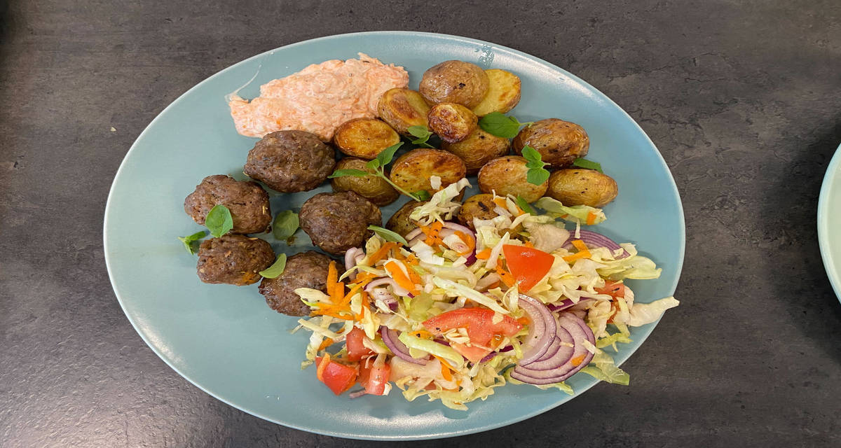Greek meatballs with roasted potato and carrot tzatziki