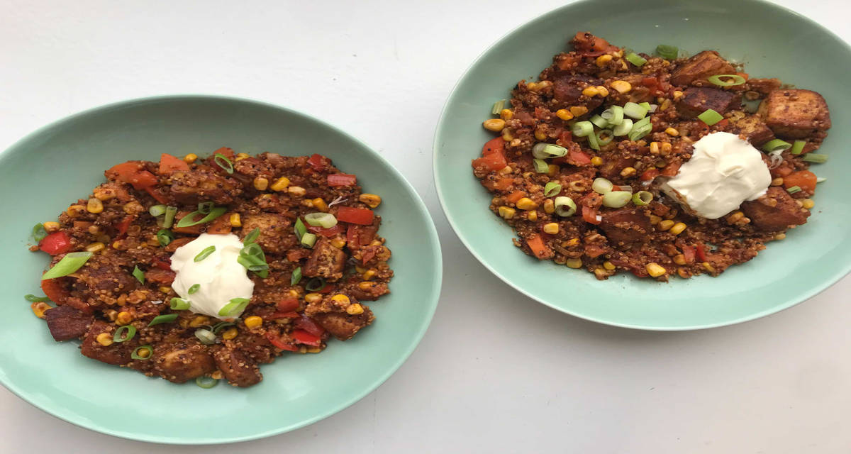 Mexican quinoa and halloumi bowl with corn and sour cream