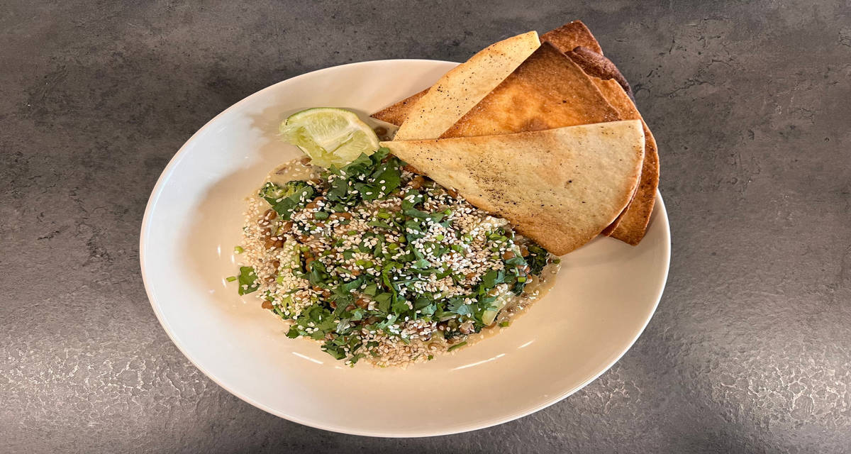 Thai green coconut curry lentils with tortilla and zesty zucchini salad