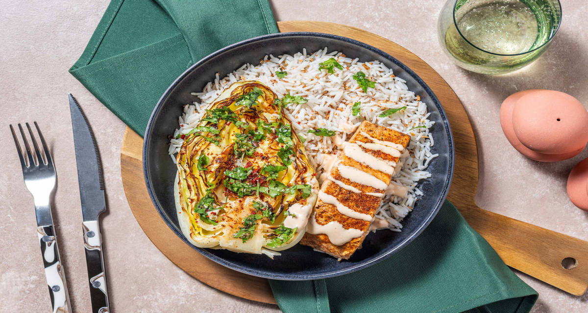 Cajunstegt ørred med kokosris og stegt spidskål