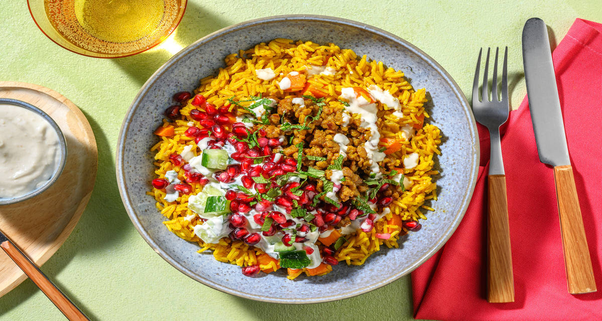 Aromatisk biryani på vegofärs med granatäpple och färsk mynta