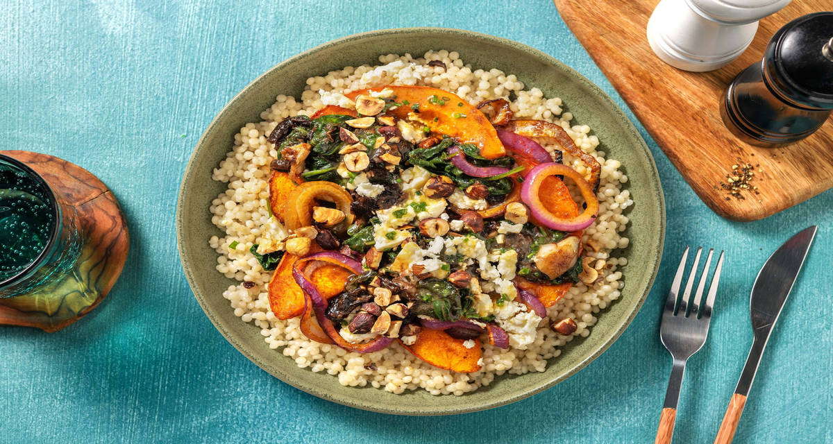Couscous perlato, verdure arrostite e pera caramellata con dressing alla senape