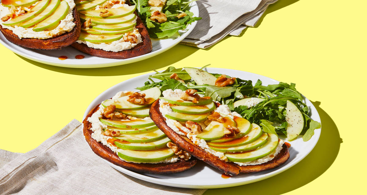 Apple, Ricotta & Hot Honey Toasts with Arugula Walnut Salad