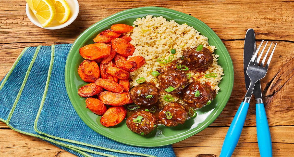 Meatballs with an Apricot Glaze plus a side of Roasted Carrots & Scallion Couscous