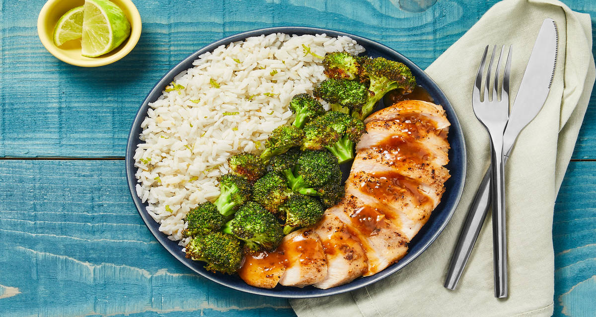 Apricot Ponzu Chicken with Ginger Lime Rice & Roasted Broccoli