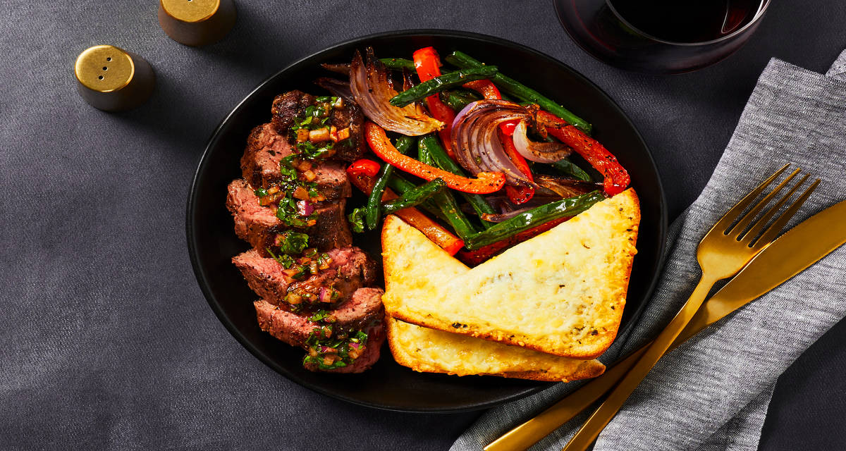 Argentinian Bavette Steak with Roasted Veggies, Cheesy Bread & Chimichurri