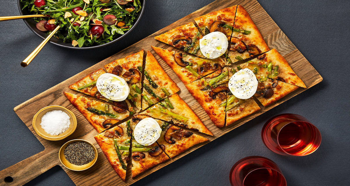Asparagus & Mushroom Truffle Pizzas with Burrata & Arugula Salad
