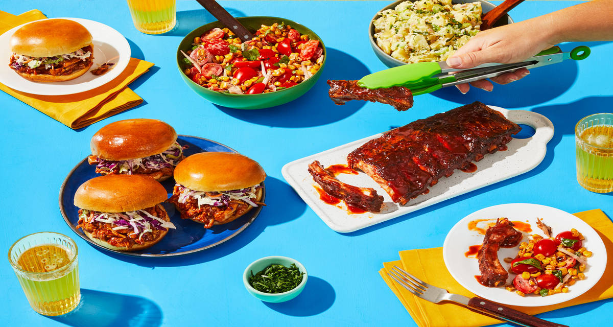 Baby Back Ribs & BBQ Chicken Sandwiches with Creamy Slaw, Herby Dijon Potato Salad & Basil Ranch Charred Corn Salad