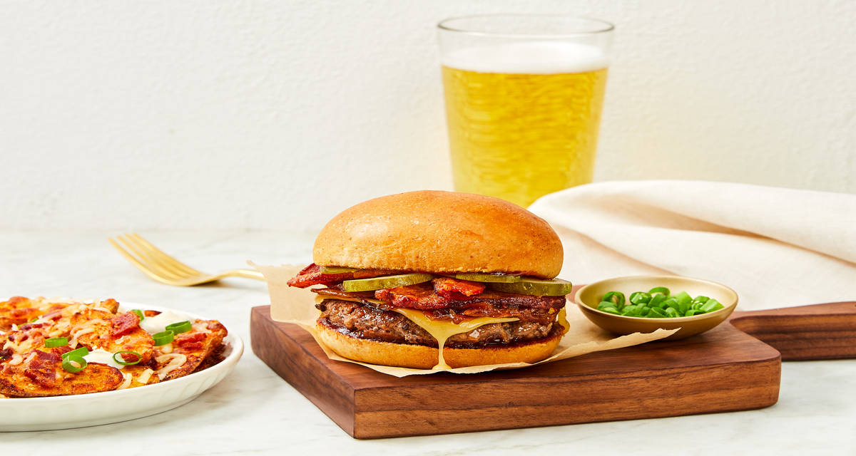 Bacon Buckaroo Burgers with BBQ Caramelized Onion & Cheesy Roasted Potatoes