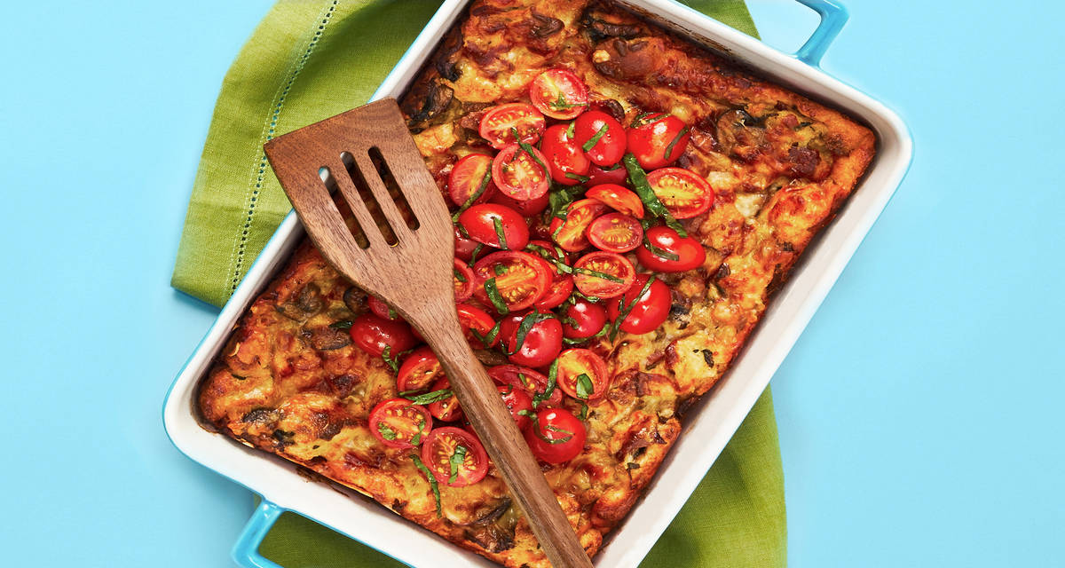 Bacon & Gruyère Strata with Mushrooms & Tomato Basil Topping