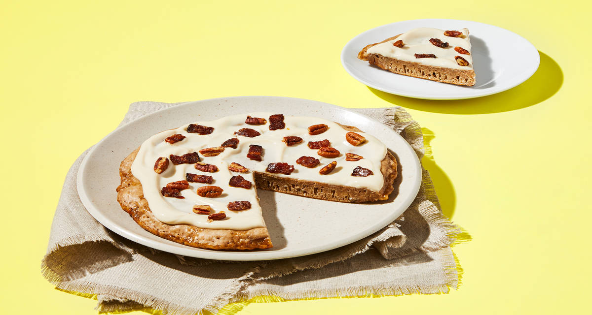 Bacon-Topped Cinnamon Roll Hotcake Bake with Maple Cream Cheese Glaze  | 2–4 servings