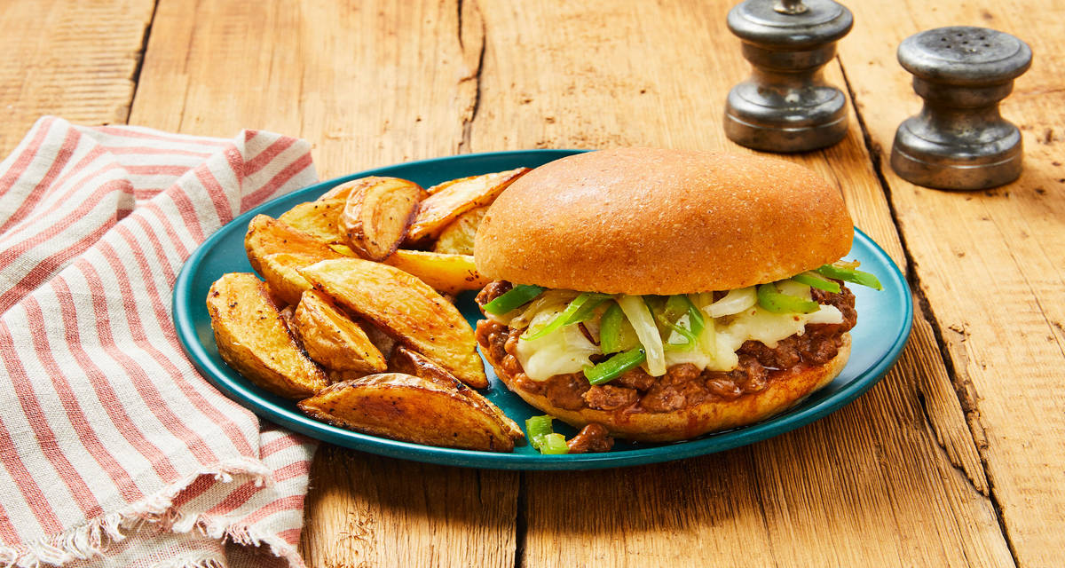 Philly-Style Beef Chopped Cheese Sandos with Mozz, Green Pepper & Potato Wedges