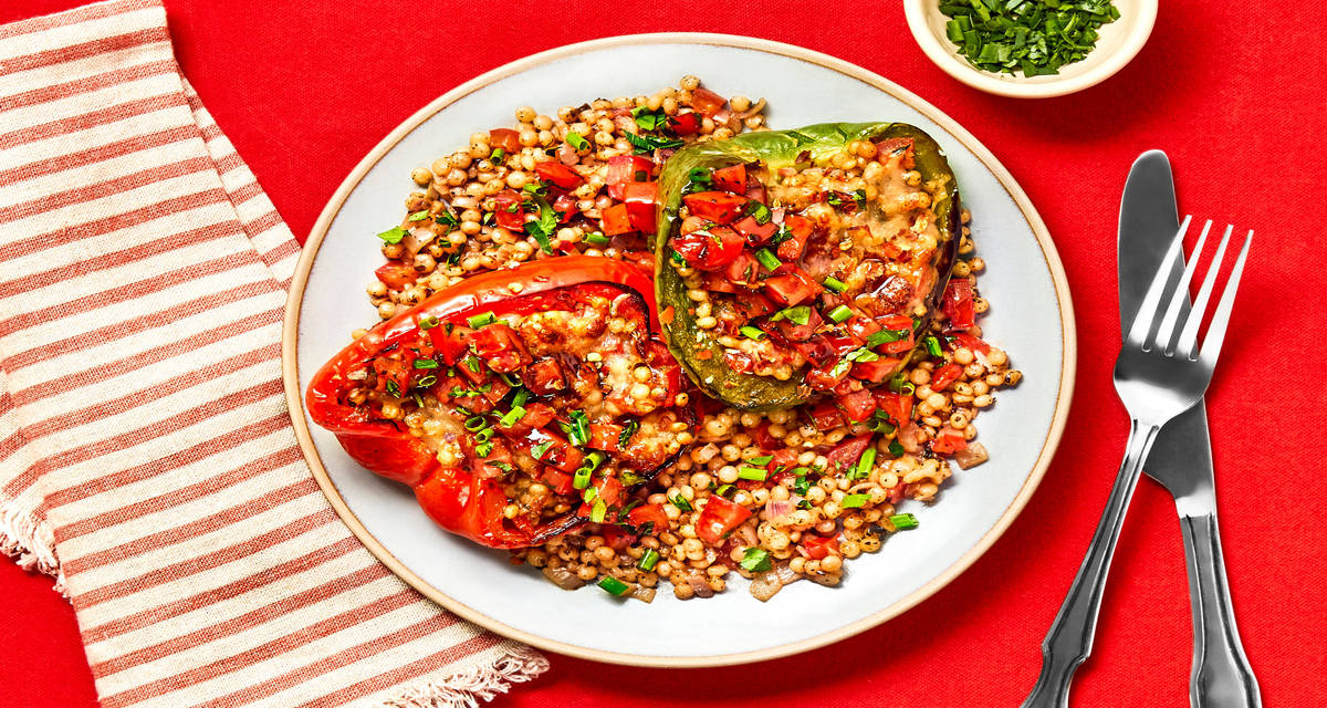 Balsamic Bell Pepper Boats with Bruschetta, Couscous & Mozzarella