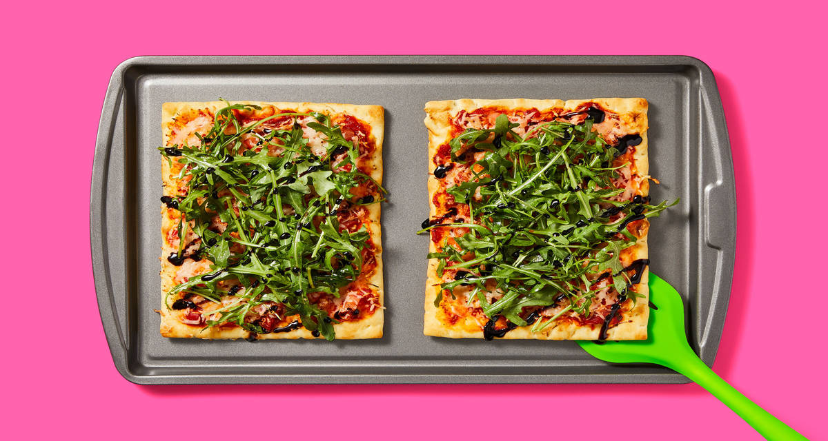 Chicken Sausage & Caprese Flatbread with Red Pepper Spread & Arugula
