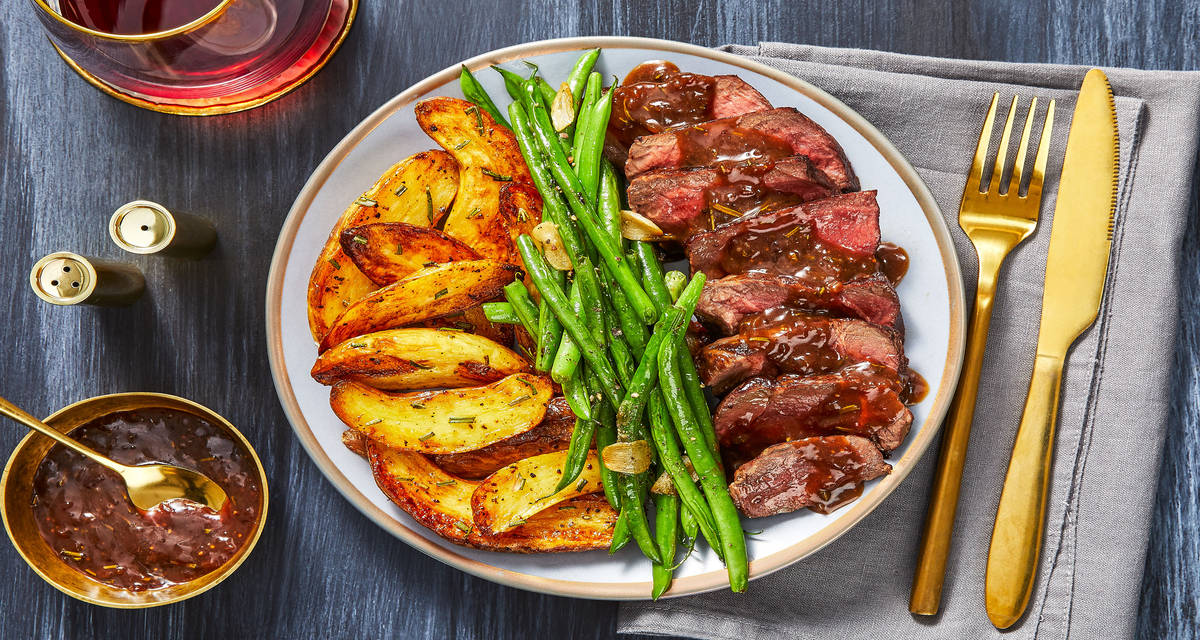 Balsamic Fig Sirloin with Rosemary Fingerlings and Garlicky Green Beans