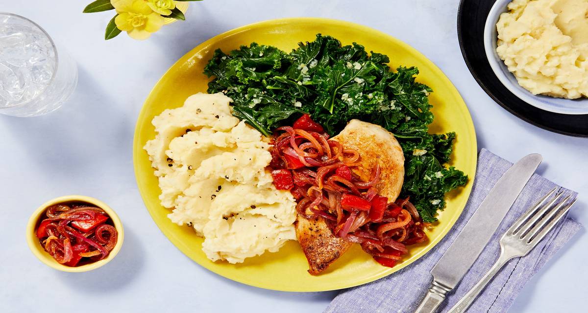Balsamic Onion Chicken with Mashed Potatoes and Garlicky Kale