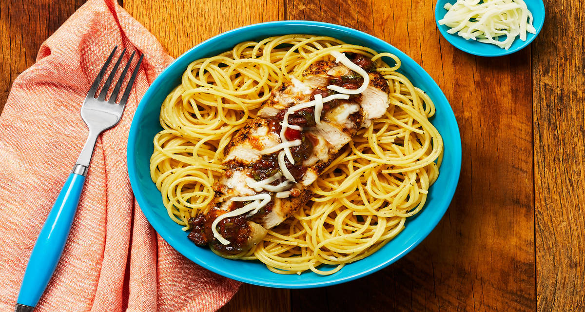 Balsamic Tomato & Herb Chicken over Buttery Garlic Spaghetti