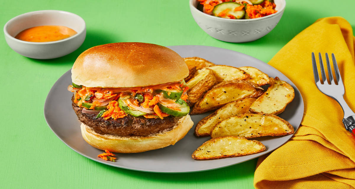 Banh Mi-Style Burgers with Pickled Veggie Slaw, Sriracha Mayo & Garlic Potato Wedges