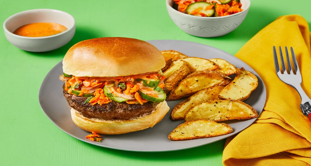Banh Mi-Style Burgers with Pickled Veggie Slaw, Sriracha Mayo & Garlic Potato Wedges-image