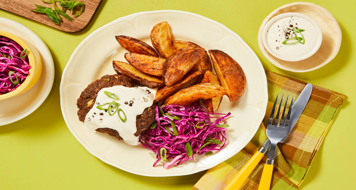 Barbecue Beef Meatloaves with Potato Wedges, Cabbage Slaw, and Alabama White Sauce
