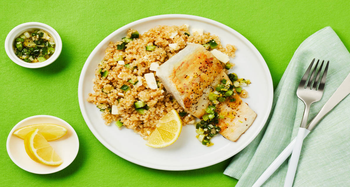 Barramundi & Turkish-Spiced Bulgur with Feta & Scallion Relish