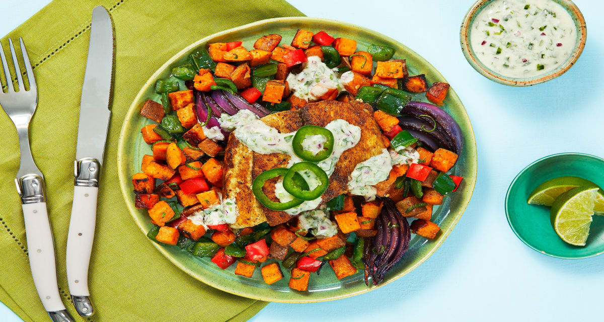 Barramundi with Creamy Salsa Verde over a Roasted Veggie Jumble-image