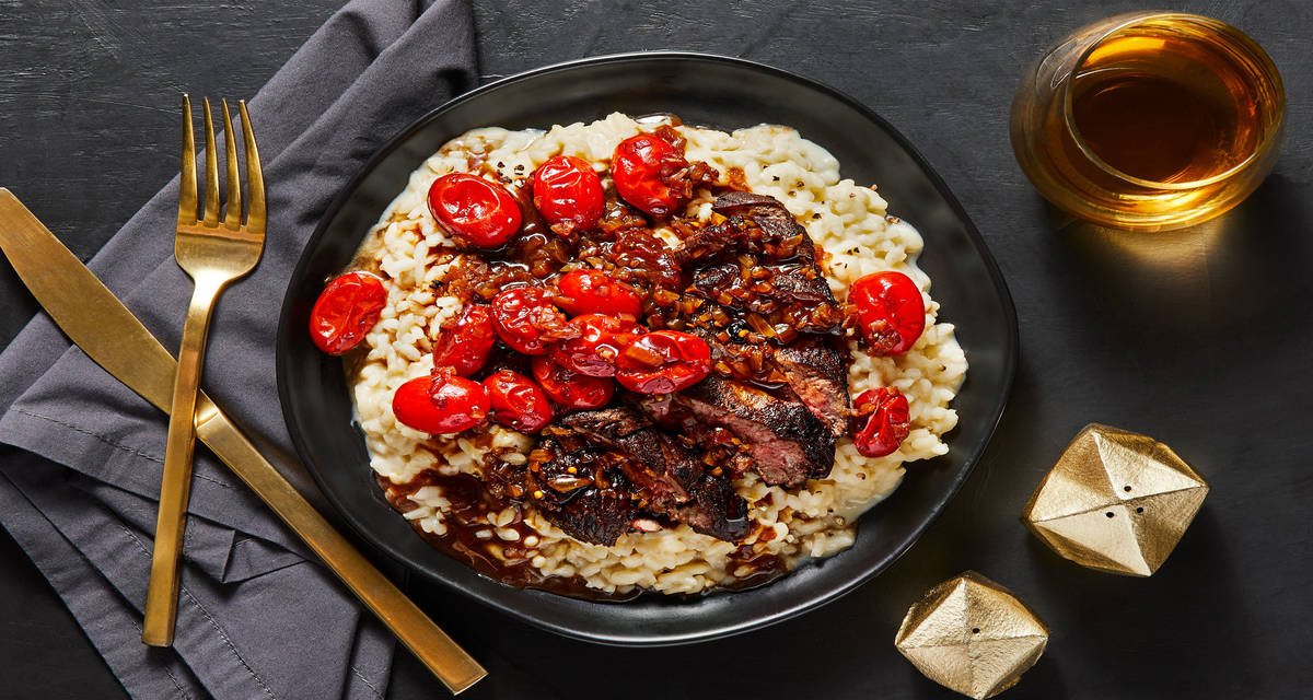 Bavette Steak & Burst Tomato Sauce over Creamy Garlic Parmesan Risotto
