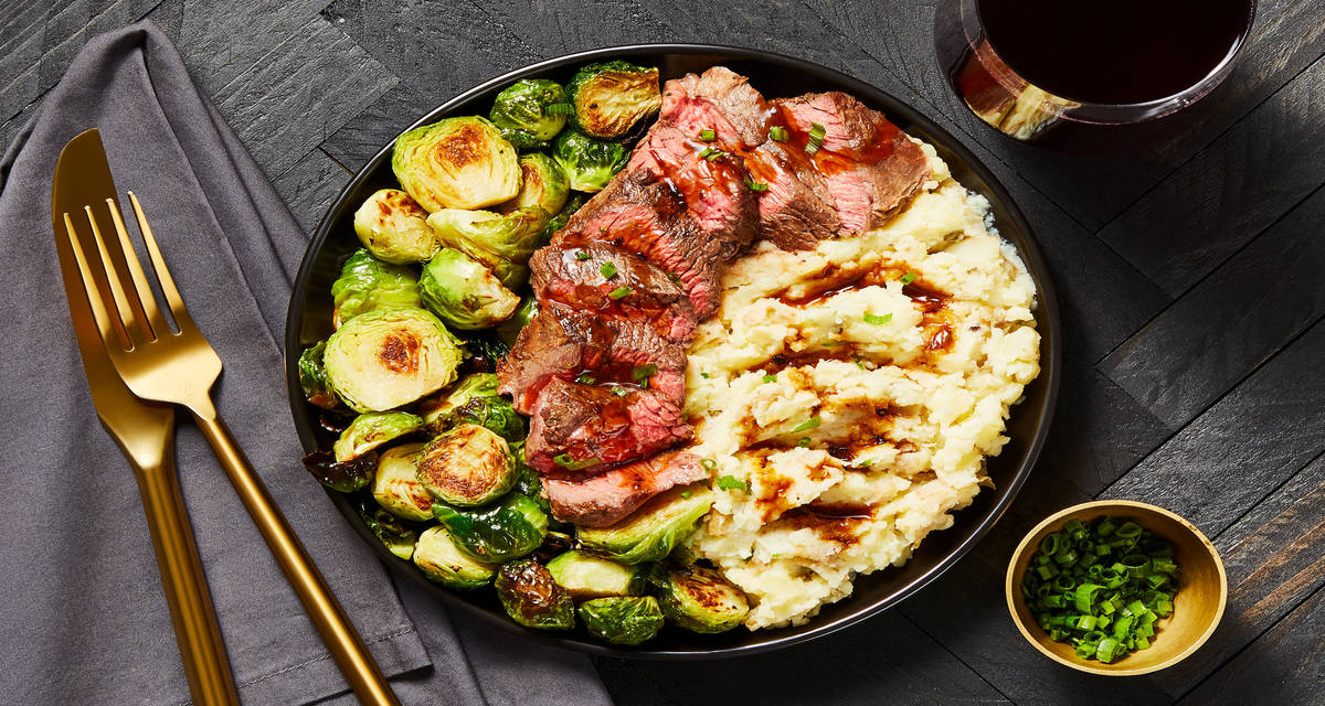 Bavette Steak & Roasted Garlic Pan Sauce with Mashed Potatoes & Roasted Brussels Sprouts