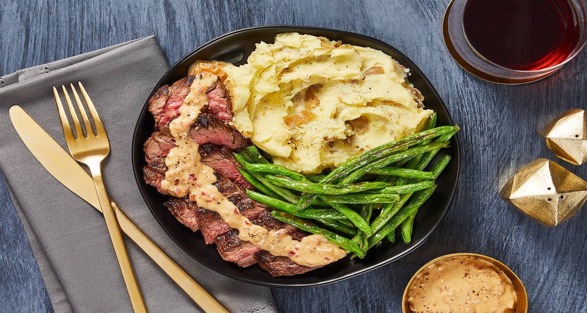 Bavette Steak & Shallot Sauce with Mashed Potatoes & Roasted Green Beans