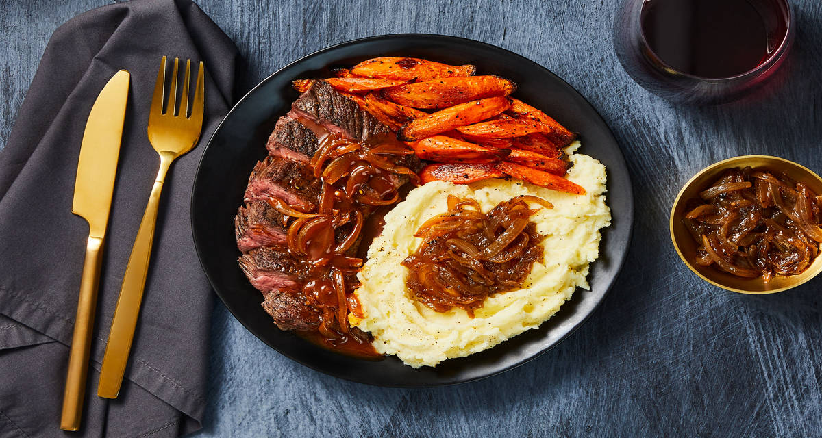 Bavette Steak with a Shallot Pan Sauce with Caramelized Onion Mashed Potatoes & Roasted Carrots