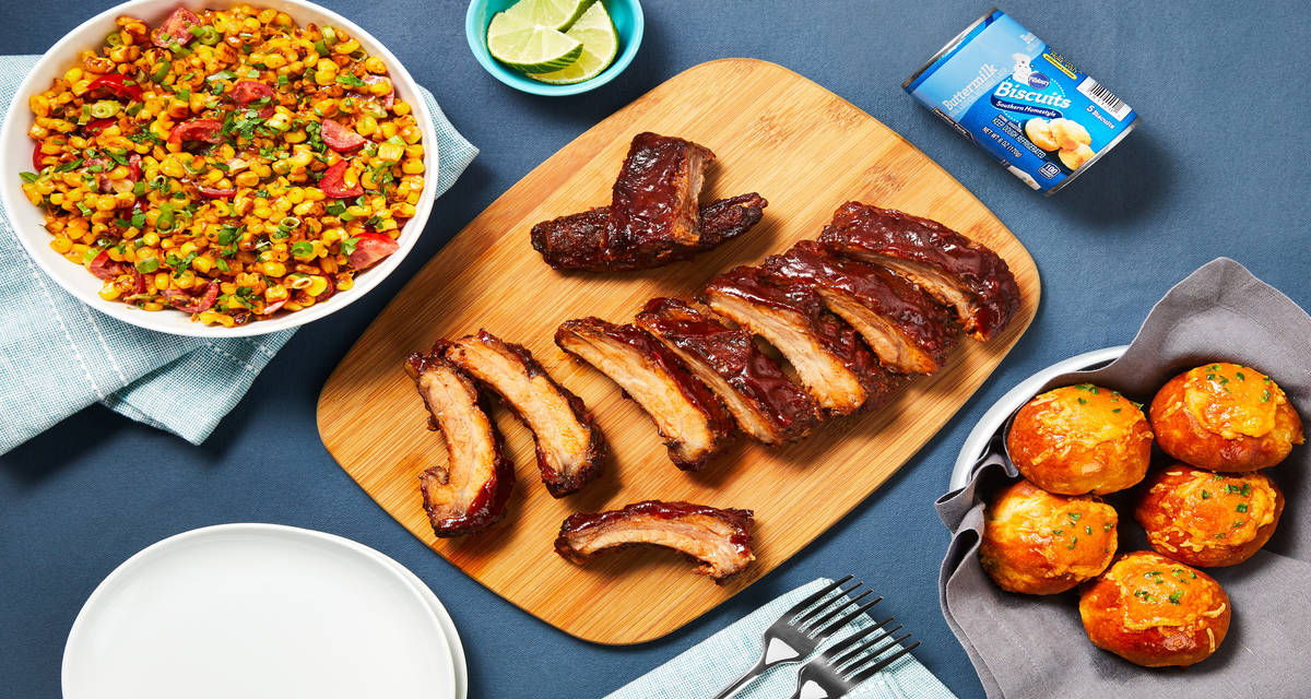 BBQ Baby Back Ribs with Corn Salad & Pillsbury™️ Southern Homestyle Buttermilk Biscuit Bombs
