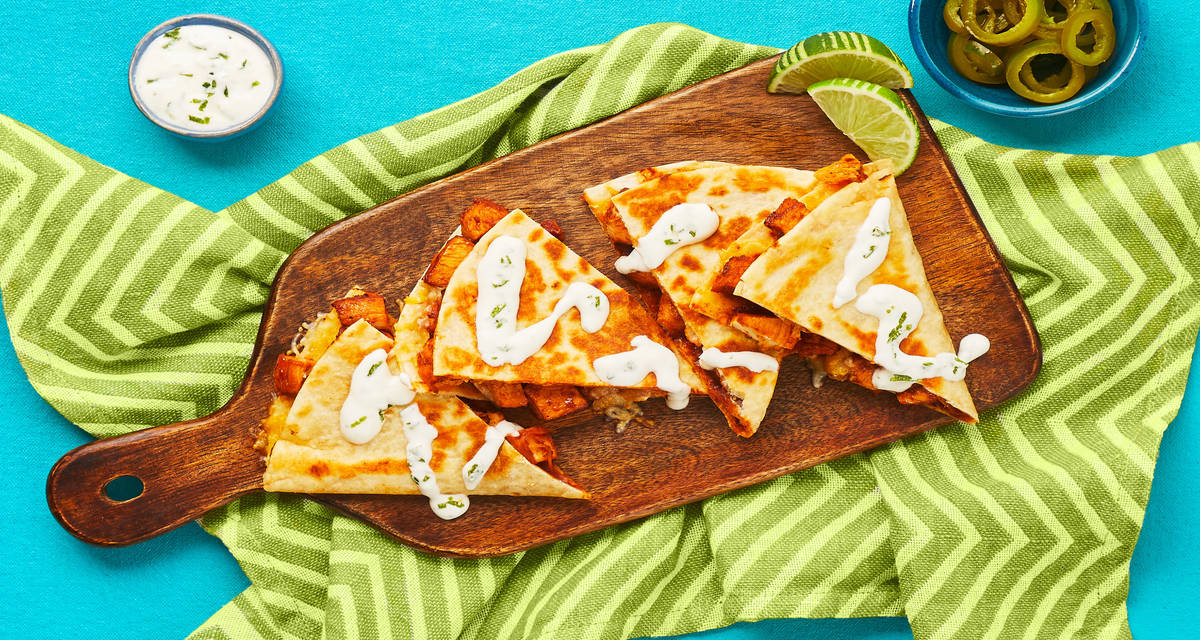 BBQ Chicken Quesadillas with Pickled Jalapeño & Zesty Crema