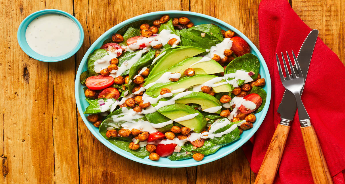 BBQ Chickpea Spinach Salad with Ranch Dressing & Avocado