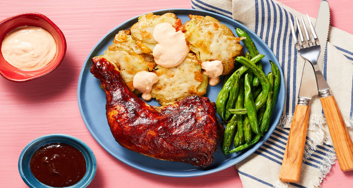 BBQ-Glazed Chicken Legs with Cheesy Smashed Fingerlings & Roasted Green Beans