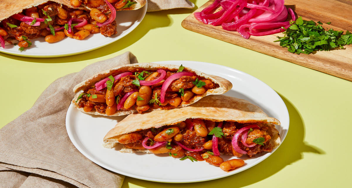 BBQ Pork & Bean Pita Pockets with Quick-Pickled Onion & Cilantro