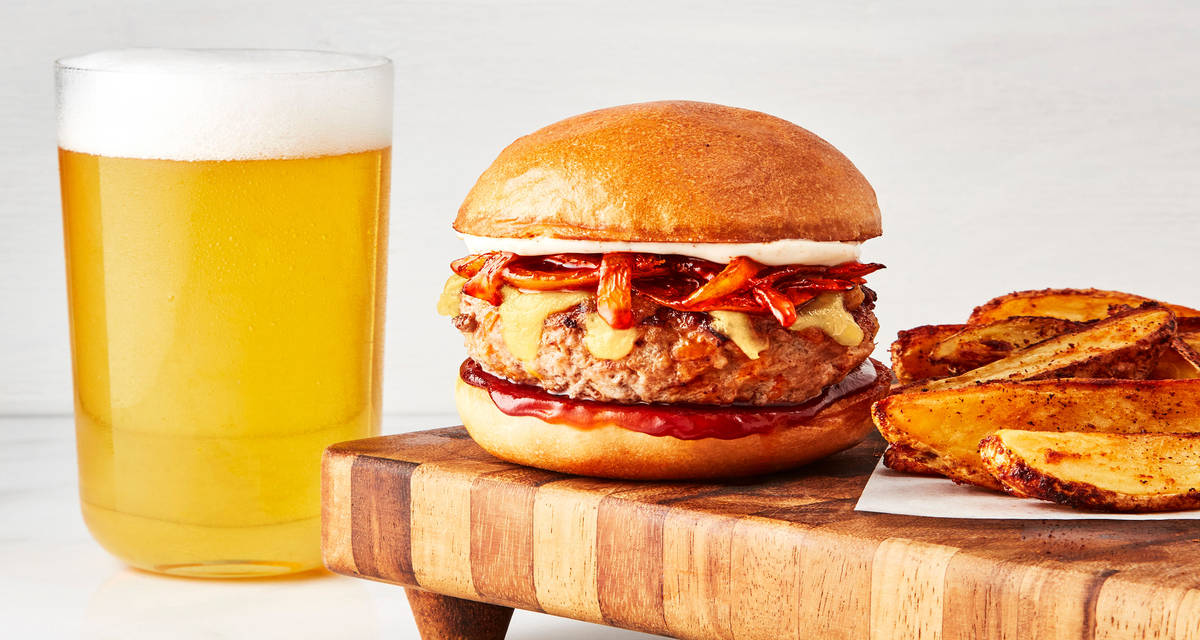 BBQ Pork Burgers with Spicy Aioli & Potato Wedges