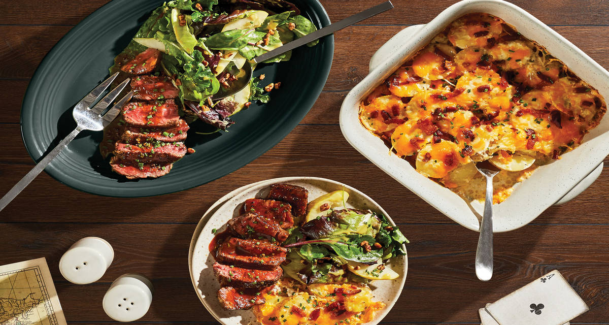 Beef Au Poivre & Cheesy Potato Gratin with a Pear & Pecan Salad
